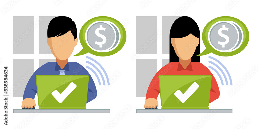 Illustration of men & women accessing financial information from a laptop. Illustration of men & women accessing financial information from a laptop.