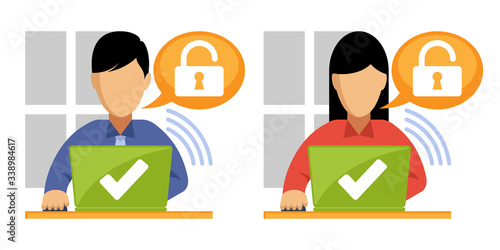 Illustration of men & women accessing information to unblock from a laptop.