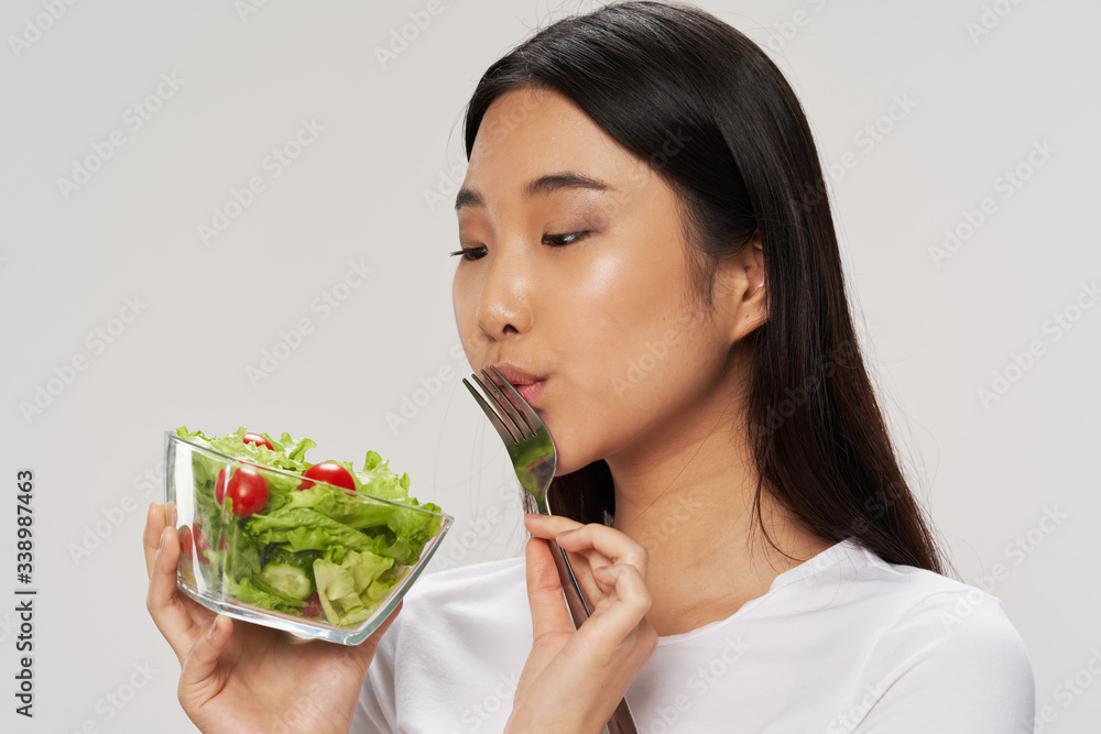 Woman Asian appearance salad meal lifestyle vegetarianism Woman Asian appearance salad meal lifestyle vegetarianism