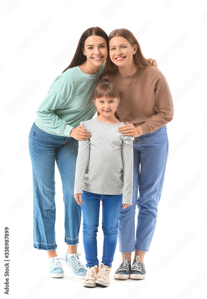 Happy lesbian couple with little adopted girl on white background Happy lesbian couple with little adopted girl on white background