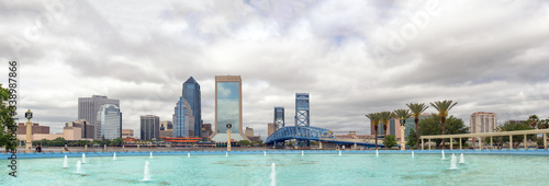 Jacksonville, Florida. Panoramic view of city downtown and brigde at dusk, USA