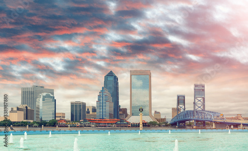 Jacksonville, Florida. Panoramic view of city downtown and brigde at dusk, USA