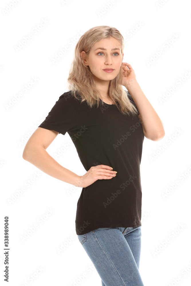 Woman in stylish t-shirt on white background Woman in stylish t-shirt on white background
