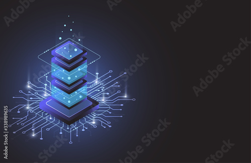 Server room isometric, Cloud storage data, Data center, Big data processing and computing technology. Vector illustration
