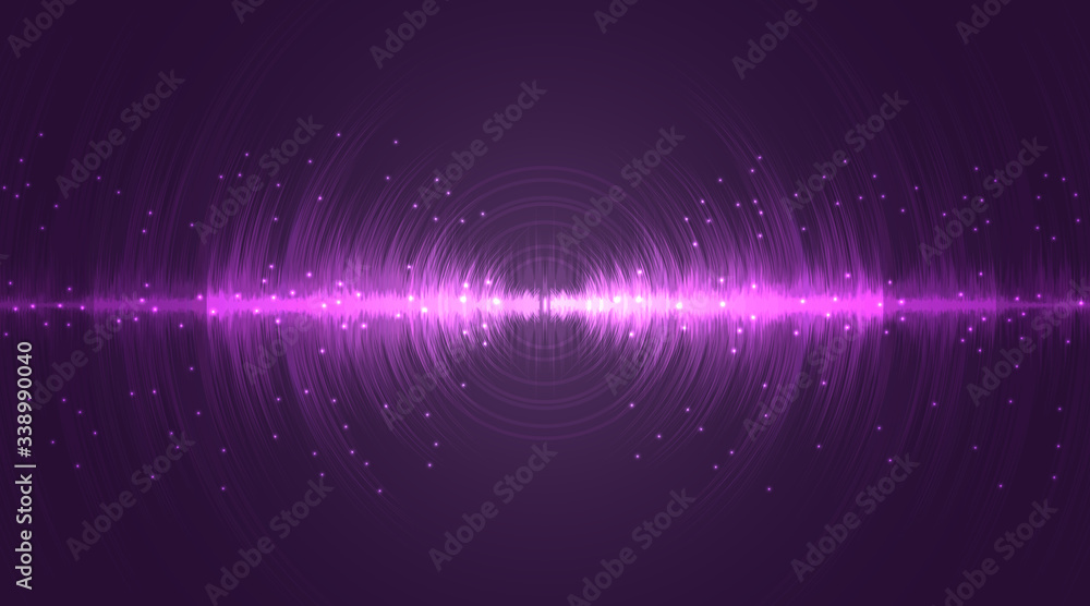 Sound wave neon flash lines in white and purple on gradient background - obrazy, fototapety, plakaty 