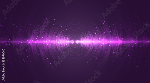 Sound wave neon flash lines in white and purple on gradient background