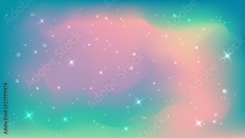 Bokeh or blur abstract circles with star light shapes turquoise, pink and yellow on gradient background