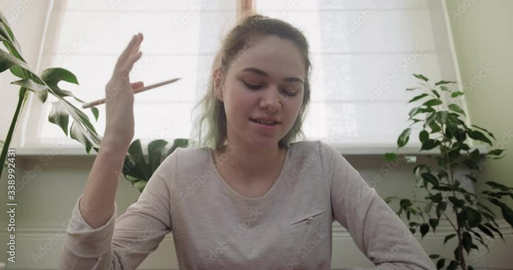 Girl student doing video lesson, consultation with teacher psychologist, teenager leading video vlog Girl student doing video lesson, consultation with teacher psychologist, teenager leading video vlog