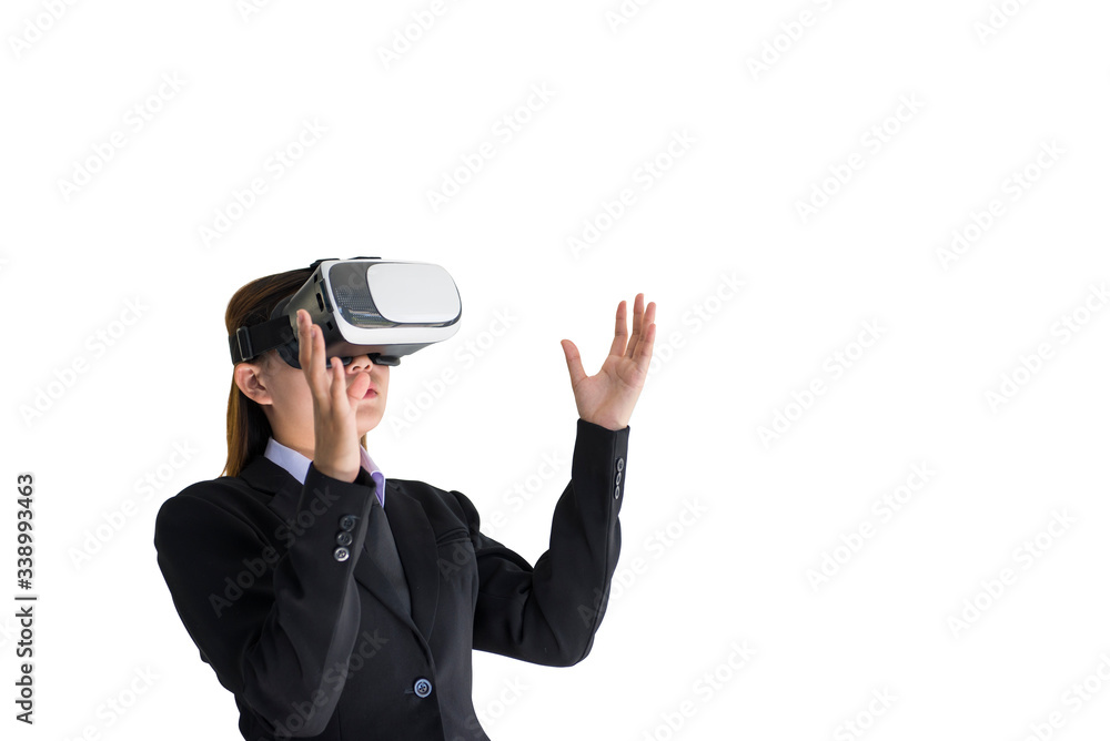 Business woman having fun with VR headset device simulation in white background Business woman having fun with VR headset device simulation in white background