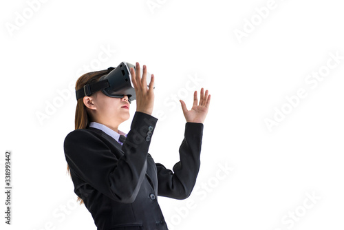 Business woman having fun with VR headset device simulation in white background