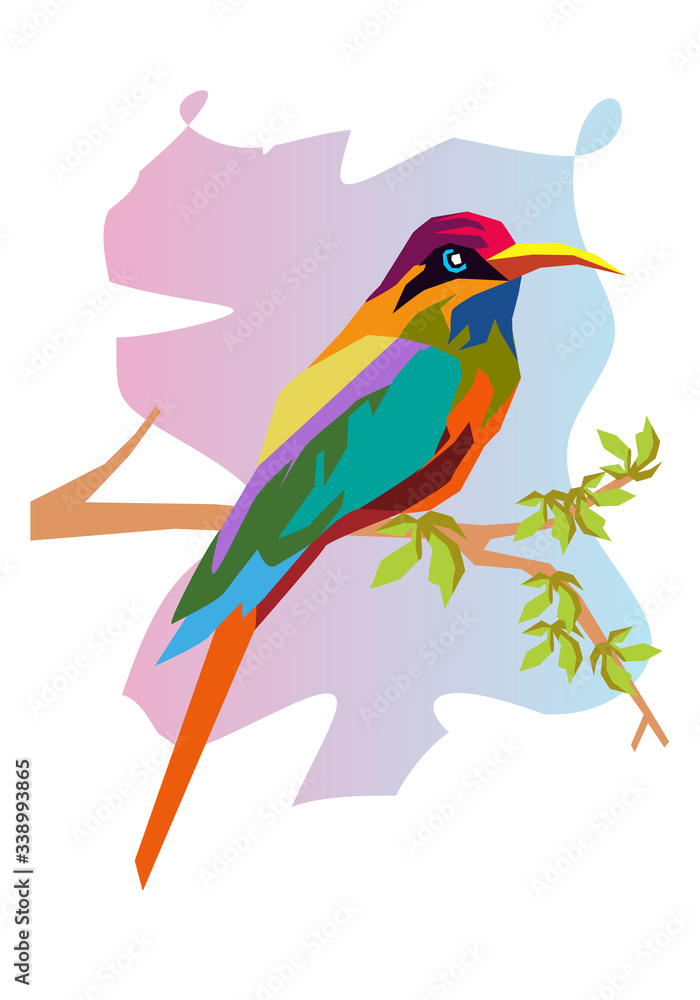 colorful bird on a branch in pop art style for background and illustration