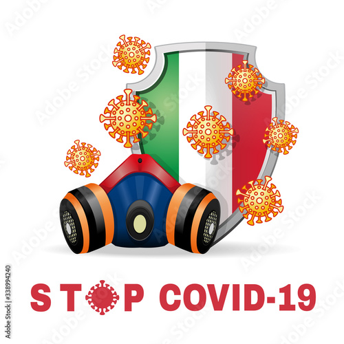 Respirator and coronavirus bacteria on the background of a shield with the image of the flag of Italy. Stop coronavirus Covid-19 concept design. Vector illustration