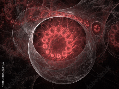 Abstract Illustration - Colorful Bright Red Rings of Energy, Plasma, Chaotic Smoke Discharge, Scientific Plasma Study. Digital Flames, Artistic Design, Circles, Rings