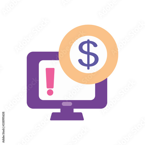 banking online concept, computer with exclamation mark and money coin icon, flat style