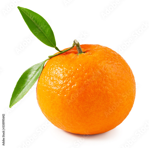 Tangerine or clementine with green leaves isolated on white