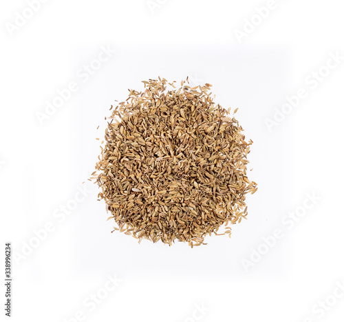 Foeniculum vulgare - Dry organic fennel seeds. White background