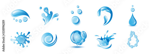 Water Splash Vector And Drop Set - Isolated On White. Vector Collection Of Flat Water Splash and Drop Logo. Icons For Droplet, Water Wave, Rain, Raindrop, Company Logo And Bubble Design