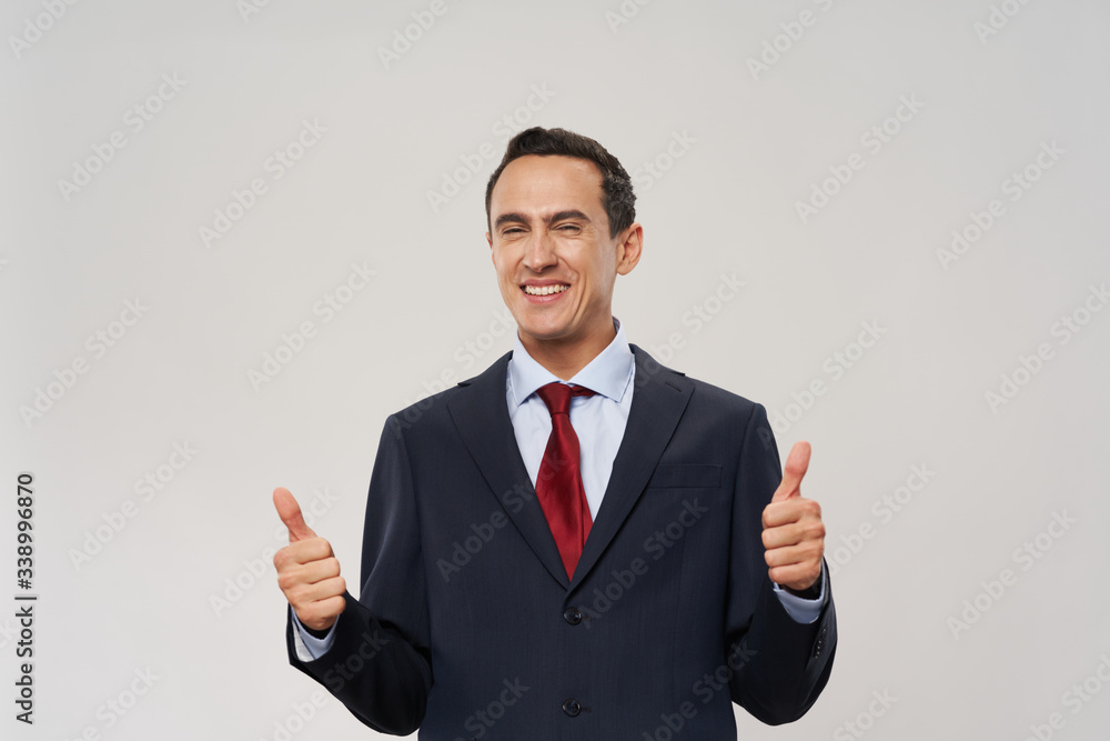 Cheerful business man in suit tie with hands gesture manager Office