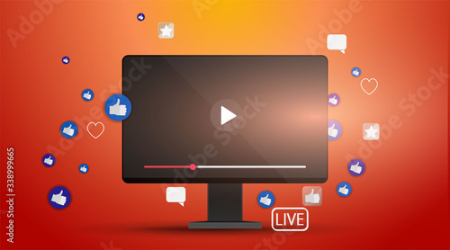 Video screen play button, Streaming preview template, 3d with likes and hearts, happy live, social media concept with media icons