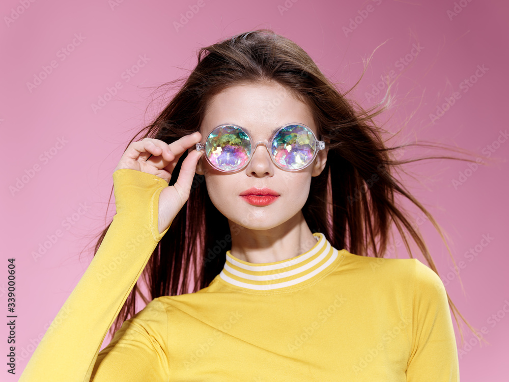 Beautiful elegant woman charm fashion glasses studio luxury pink background Beautiful elegant woman charm fashion glasses studio luxury pink background