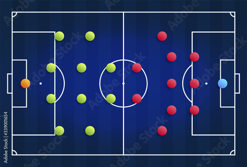 A blue cyber football field with a tactical scheme of the arrangement of players of two soccer teams on the board, organization of a game diagram for a fantasy league coach