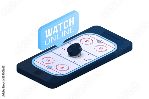 Ice Hockey online concept vector flat isometric illustration. Online hockey flat isometric vector concept.