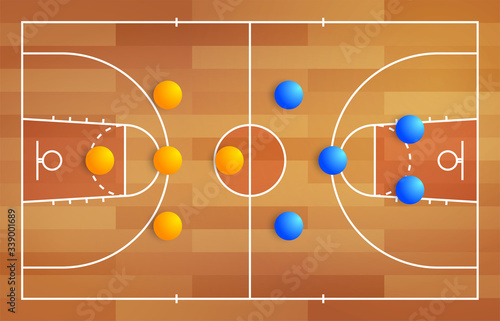 Basketball court with a tactical scheme of the arrangement of players of two basket teams on the playground, plan of a game diagram for a fantasy league coach board