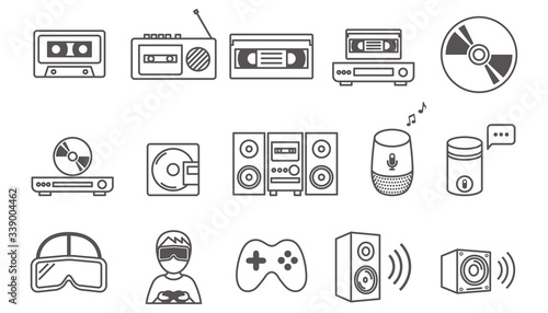 Vector illustration for brochure, ads, and web, line icons, music and speakers