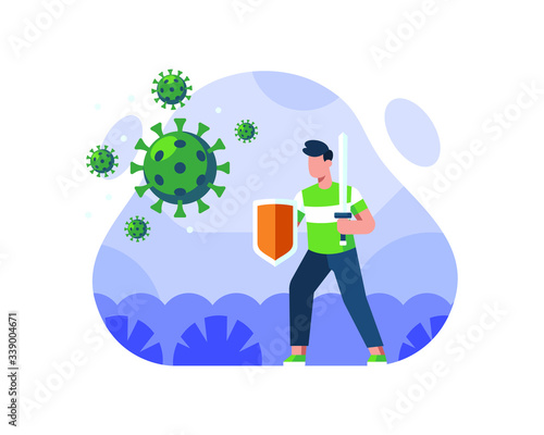 A Man Holds A Sword And Shields Against A Coronavirus Illustration Concept
