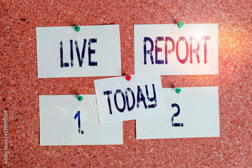 Conceptual hand writing showing Live Report. Concept meaning continuous stream of updates that are published in real time Corkboard size paper thumbtack sheet billboard notice board photo