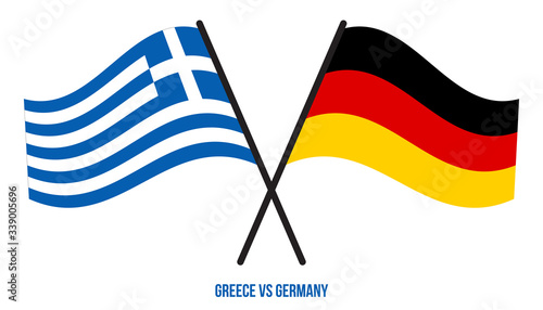 Greece and Germany Flags Crossed And Waving Flat Style. Official Proportion. Correct Colors
