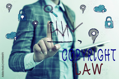 Writing note showing Copyright Law. Business concept for body of law that governs the original works of authorship