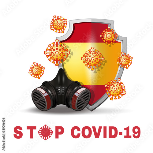 Respirator and coronavirus bacteria on the background of a shield with the image of the flag of Spain. Stop coronavirus Covid-19 concept design. Vector illustration