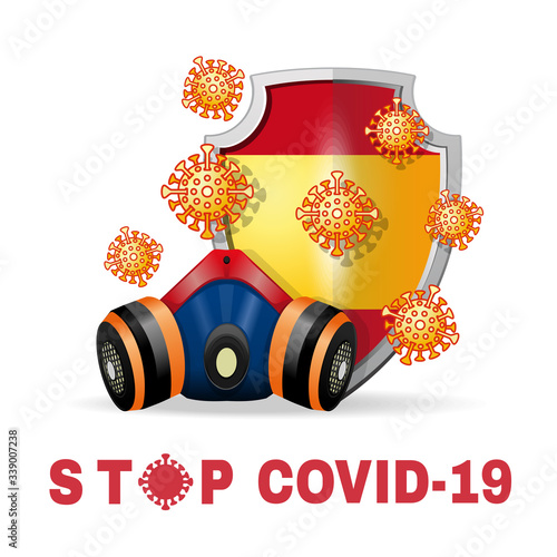 Respirator and coronavirus bacteria on the background of a shield with the image of the flag of Spain. Stop coronavirus Covid-19 concept design. Vector illustration