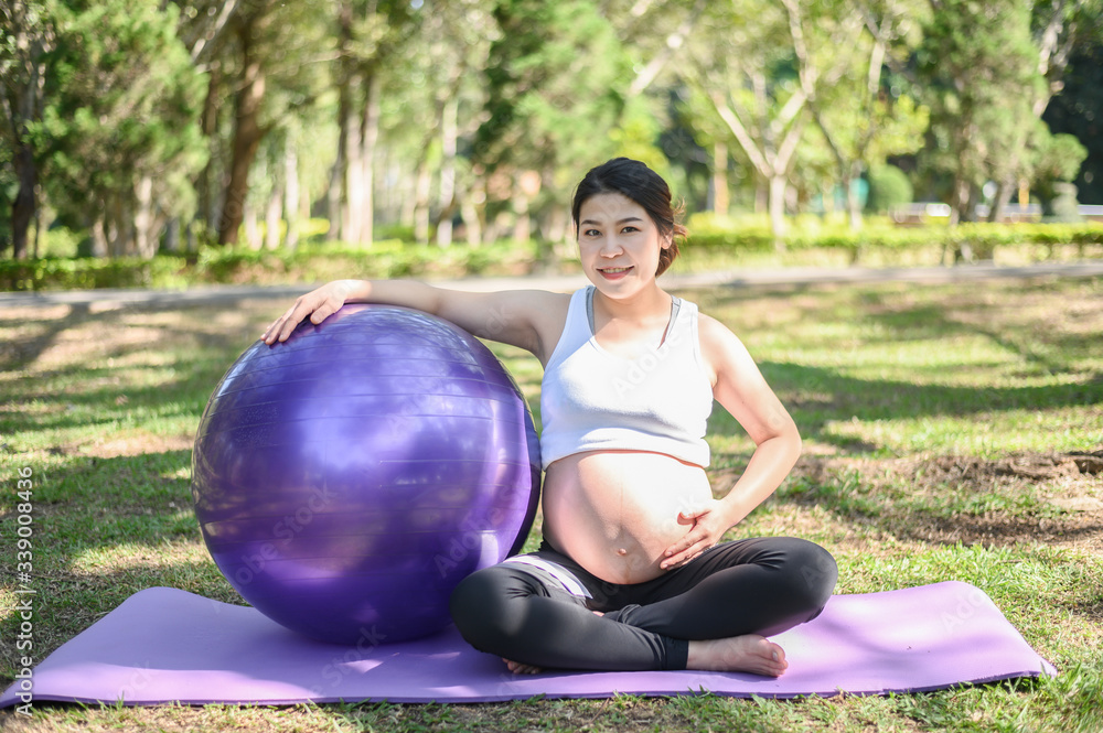 Portrait of young pregnant woman sitting on yoga mat with fit ball in the park. Conceptual of healthy pregnant woman exercise in the park. Portrait of young pregnant woman sitting on yoga mat with fit ball in the park. Conceptual of healthy pregnant woman exercise in the park.