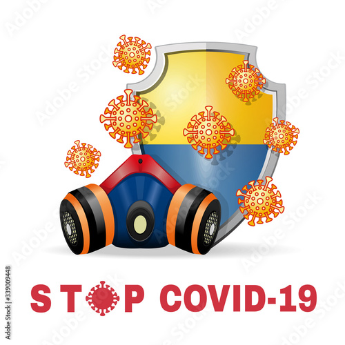 Respirator and coronavirus bacteria on the background of a shield with the image of the flag of Ukraine. Stop coronavirus Covid-19 concept design. Vector illustration