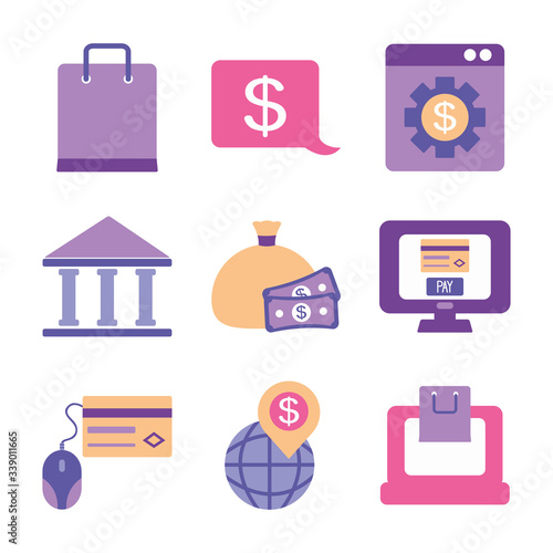 money and mobile banking icon set, flat style