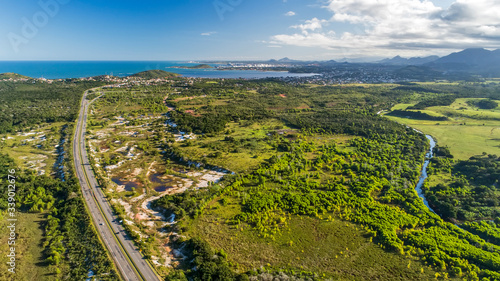 Guarapari City Aerial photographed in Guarapari, in Espirito Santo. Southeast of Brazil. Atlantic Forest Biome. Picture made in 2018.