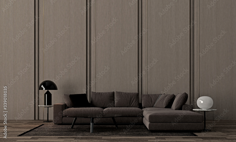 Modern design of luxury living room interior and wooden texture wall ...