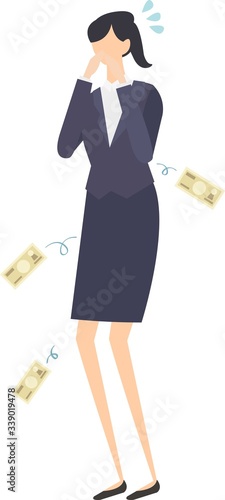 Illustration of the graph going down. Vector illustration. get shocked. loss.ショックを受ける女性　困る　ベクターイラスト