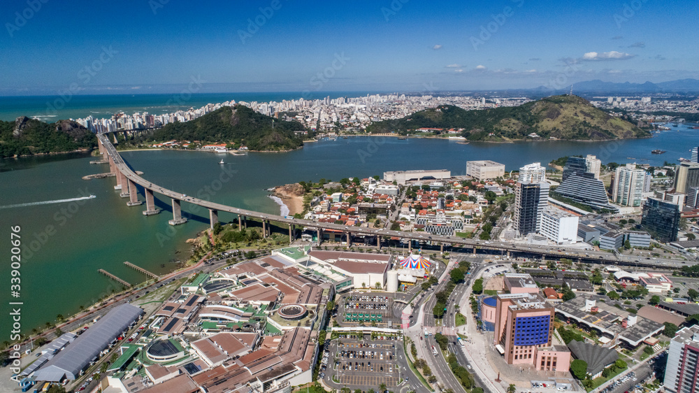 Aerial view of Shopping Vitoria, third bridge and Vila Velha city. Picture made in 2018. 