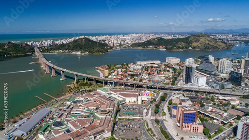 Aerial view of Shopping Vitoria, third bridge and Vila Velha city. Picture made in 2018. 