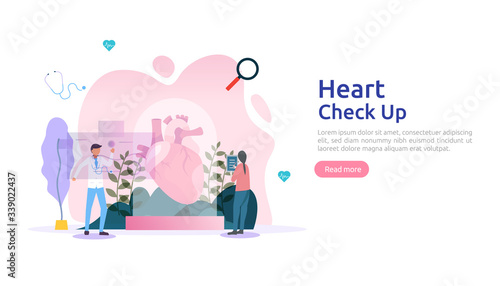 Heart health, disease, cardiology concept with character. hypertension symptoms & cholesterol blood pressure measurement. Medical examination doctor checkup services for healthcare and transplantation