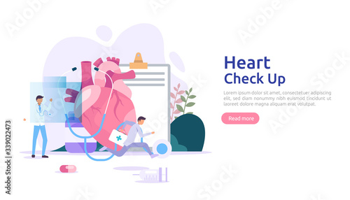 Heart health, disease, cardiology concept with character. hypertension symptoms & cholesterol blood pressure measurement. Medical examination doctor checkup services for healthcare and transplantation photo