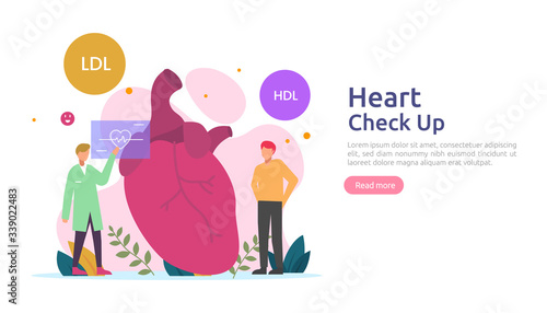Heart health, disease, cardiology concept with character. hypertension symptoms & cholesterol blood pressure measurement. Medical examination doctor checkup services for healthcare and transplantation
