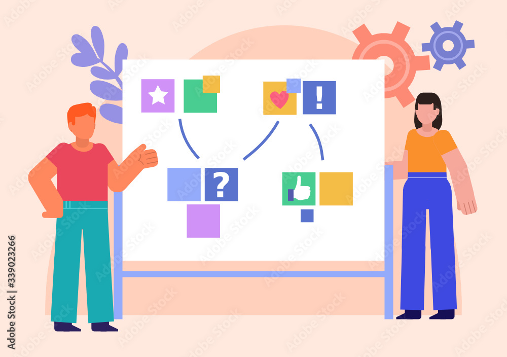Man and woman point to whiteboard and talk. Presentation or meeting concept. Poster for social media, web page, banner, presentation. Flat design vector illustration Man and woman point to whiteboard and talk. Presentation or meeting concept. Poster for social media, web page, banner, presentation. Flat design vector illustration