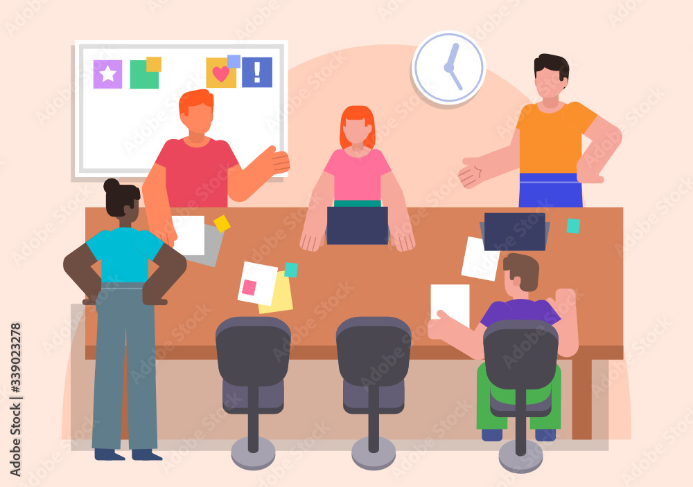 Group of people at office meeting. Brainstorm or presentation concept. Poster for social media, web page, banner. Flat design vector illustration Group of people at office meeting. Brainstorm or presentation concept. Poster for social media, web page, banner. Flat design vector illustration