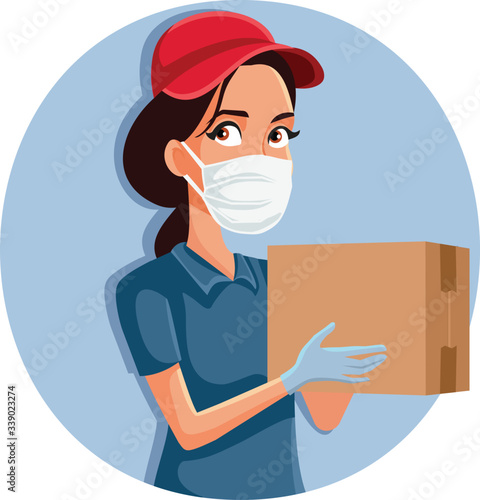Delivery Female Worker Wearing Protective Mask and Gloves 
