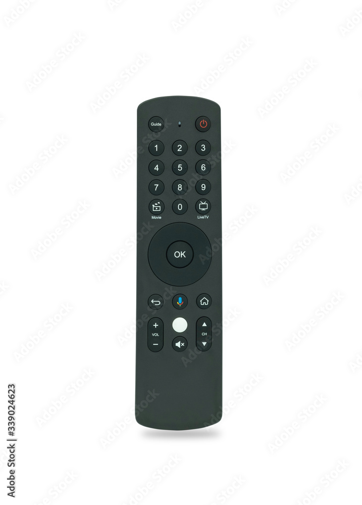 Television remote control isolated on white background with clipping path. Remote control, black plastic material with many menu buttons. Television remote control isolated on white background with clipping path. Remote control, black plastic material with many menu buttons.