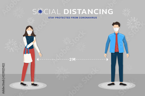 Cartoon characters wearing medical mask standing 2 meters away from each other showing social distancing to protect from Coronavirus